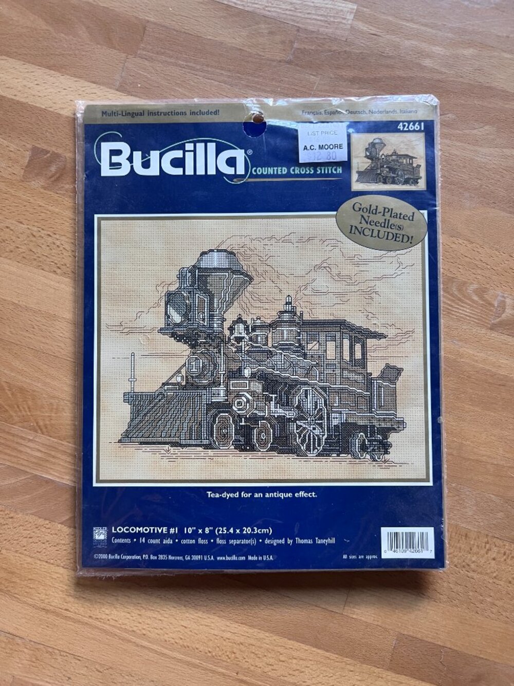 Bucilla Vintage Cross Stitch Train Locomotive Kit te-dyed for antique effect new